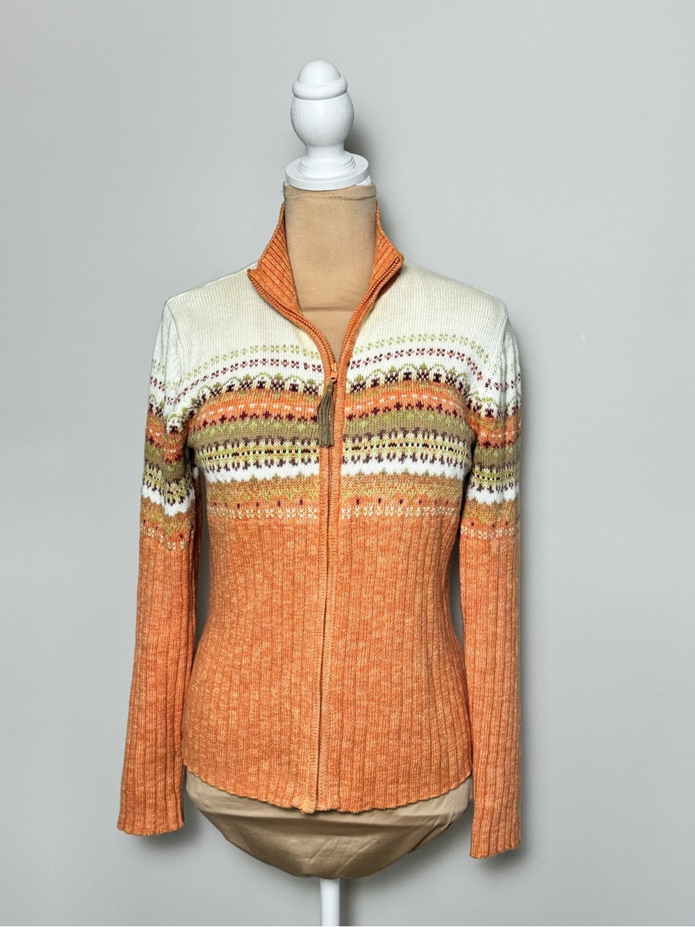 Tiara International Orange Fair Isle Tassel Zip-Front Knit Sweater Size S
